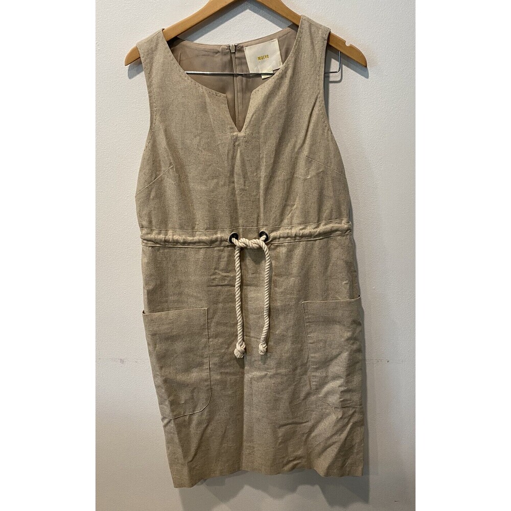 Maeve Anthropologie Beige Shimmer Linen Dress Sleeveless Drawstring Waist Size 6